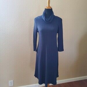 Three Dots Ribbed Cowl Neck Sweater Dress M Navy Blue